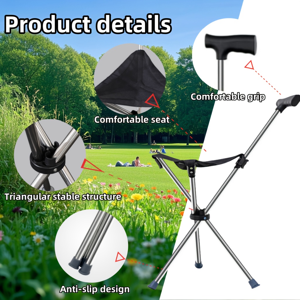 1pc 2-in-1 Collapsible Cane & Stool - 330lb Weight Capacity, Foldable Travel Cane with Locking Mechanism for Hiking, Camping, Outdoor Activities - Portable Compact Design - Image 3
