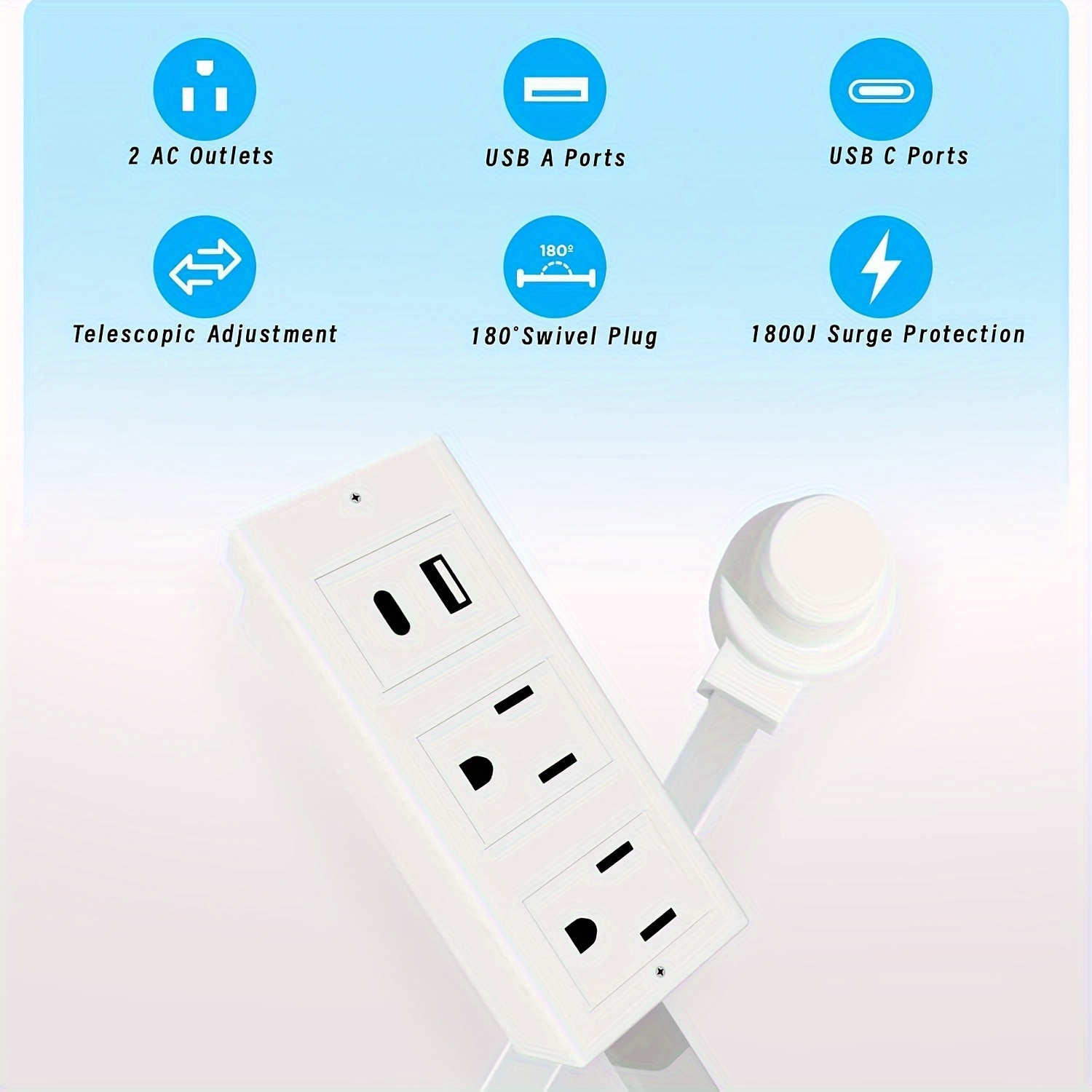 1pc Heavy-Duty 27.5" Extendable Outlet Extender with USB-A & USB-C Ports, 180° Rotating Plug, Space-Saving Design for Home & Office - Ideal for Smartphones, Tablets, Laptops, Chargers, Smartphone Charging Station, Versatile Charging Solution, Modern Aesthetic, Durable Construction, Tech Enthusiasts - Image 7