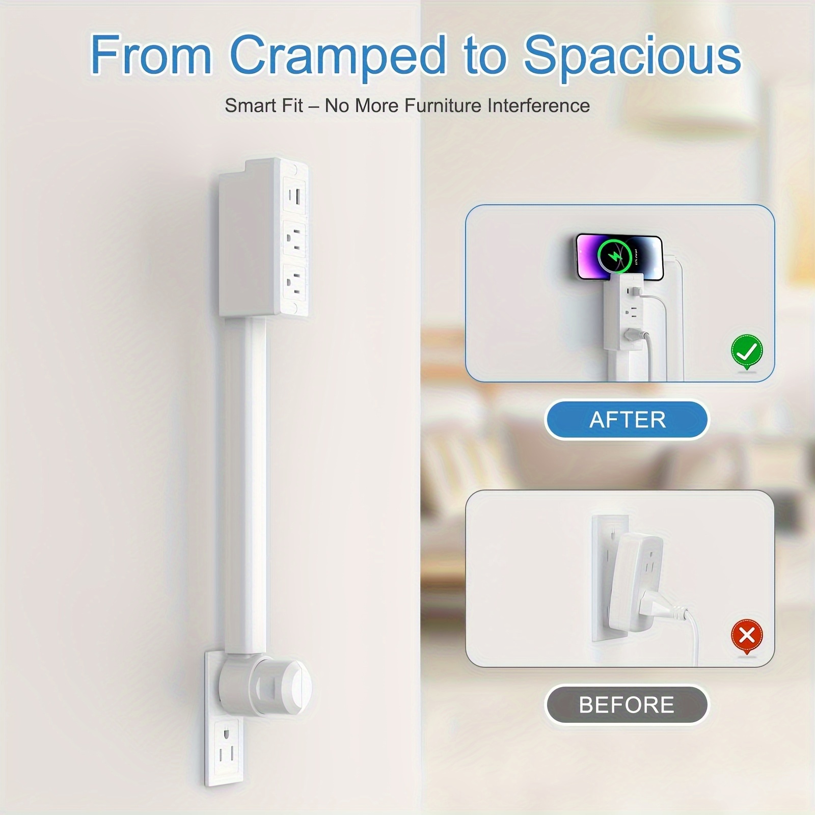 1pc Heavy-Duty 27.5" Extendable Outlet Extender with USB-A & USB-C Ports, 180° Rotating Plug, Space-Saving Design for Home & Office - Ideal for Smartphones, Tablets, Laptops, Chargers, Smartphone Charging Station, Versatile Charging Solution, Modern Aesthetic, Durable Construction, Tech Enthusiasts - Image 5