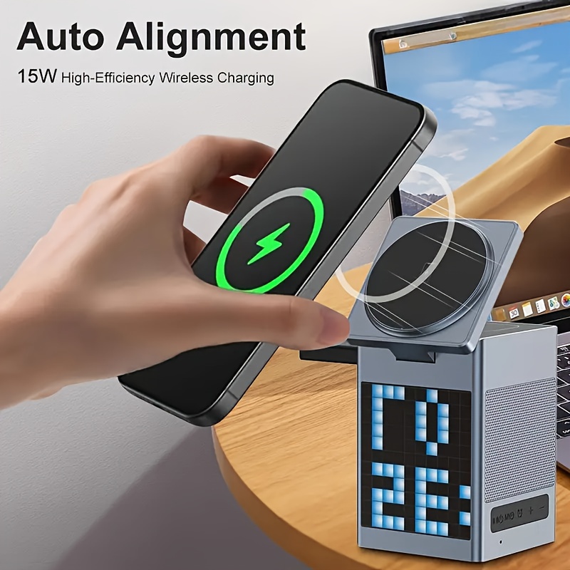 6-in-1 Fast Wireless Charging Station With Wireless Speaker, Digital Clock & Ambient Light - Magnetic Charger For IPhone 16/15/14/13/12 & for AirPods | Ideal Christmas Gift For Tech Lovers, USB-C Hub - Image 9