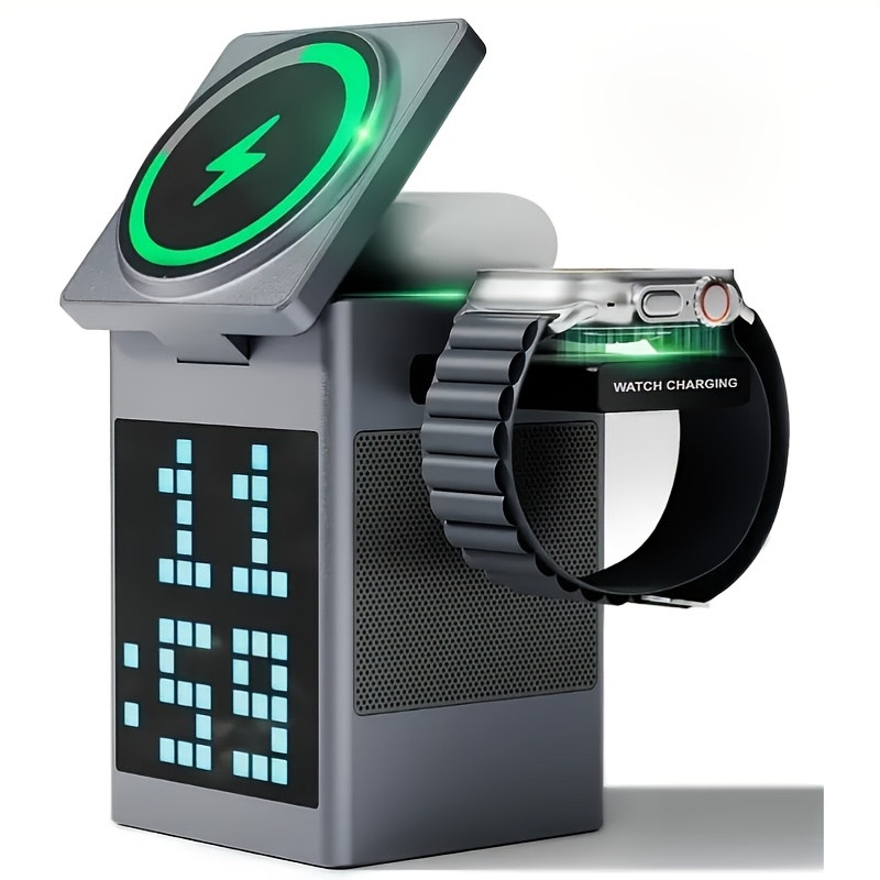 6-in-1 Fast Wireless Charging Station With Wireless Speaker, Digital Clock & Ambient Light - Magnetic Charger For IPhone 16/15/14/13/12 & for AirPods | Ideal Christmas Gift For Tech Lovers, USB-C Hub